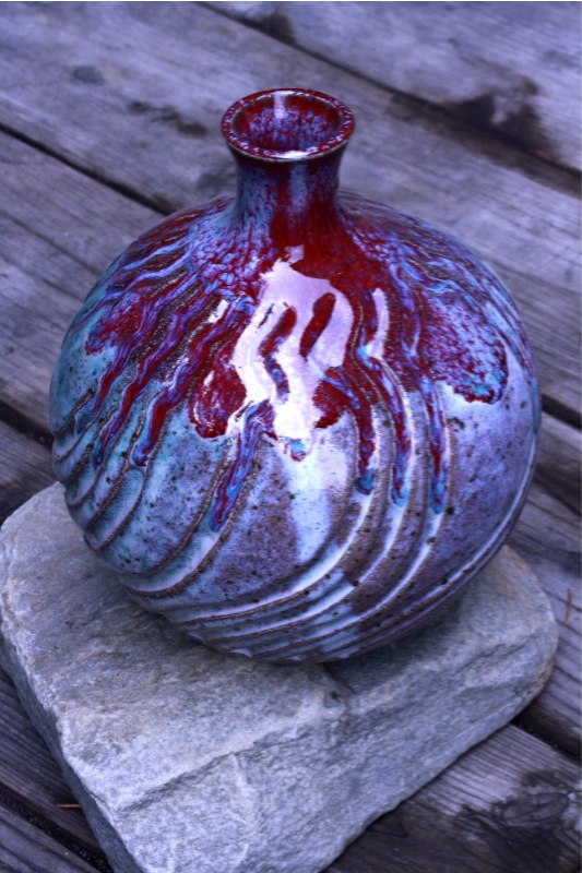 stoneware vase glossy red and blue