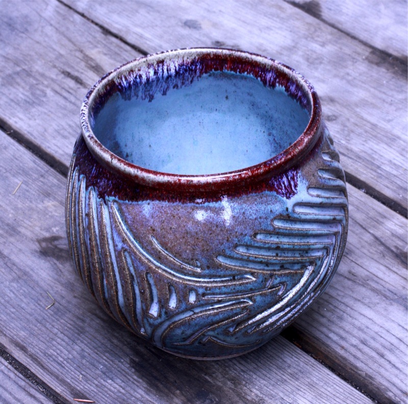 stoneware vase red and turquoise incised