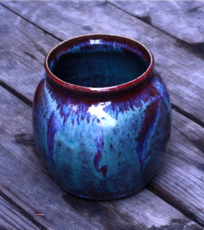 stoneware vase incised red and blue